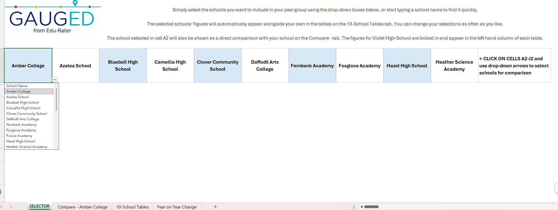 Violet High School Interactive Spreadsheet selector with school drop-down list